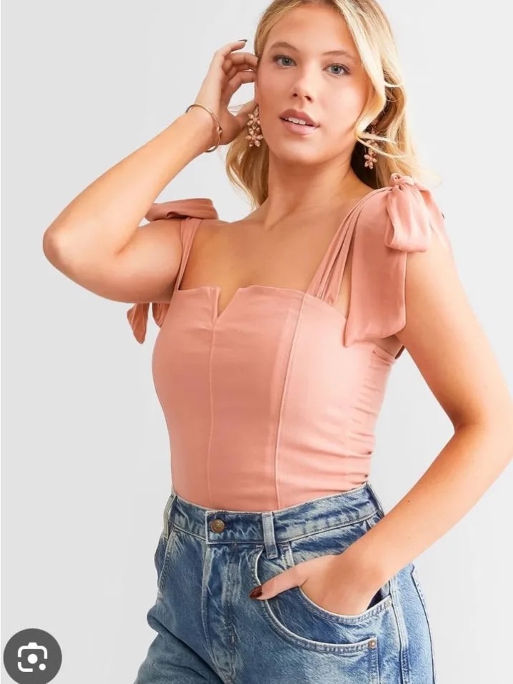 Free People XS Lola Bodysuit Pink Bow Tie Shoulder Notch Neck - Picture 2 of 10